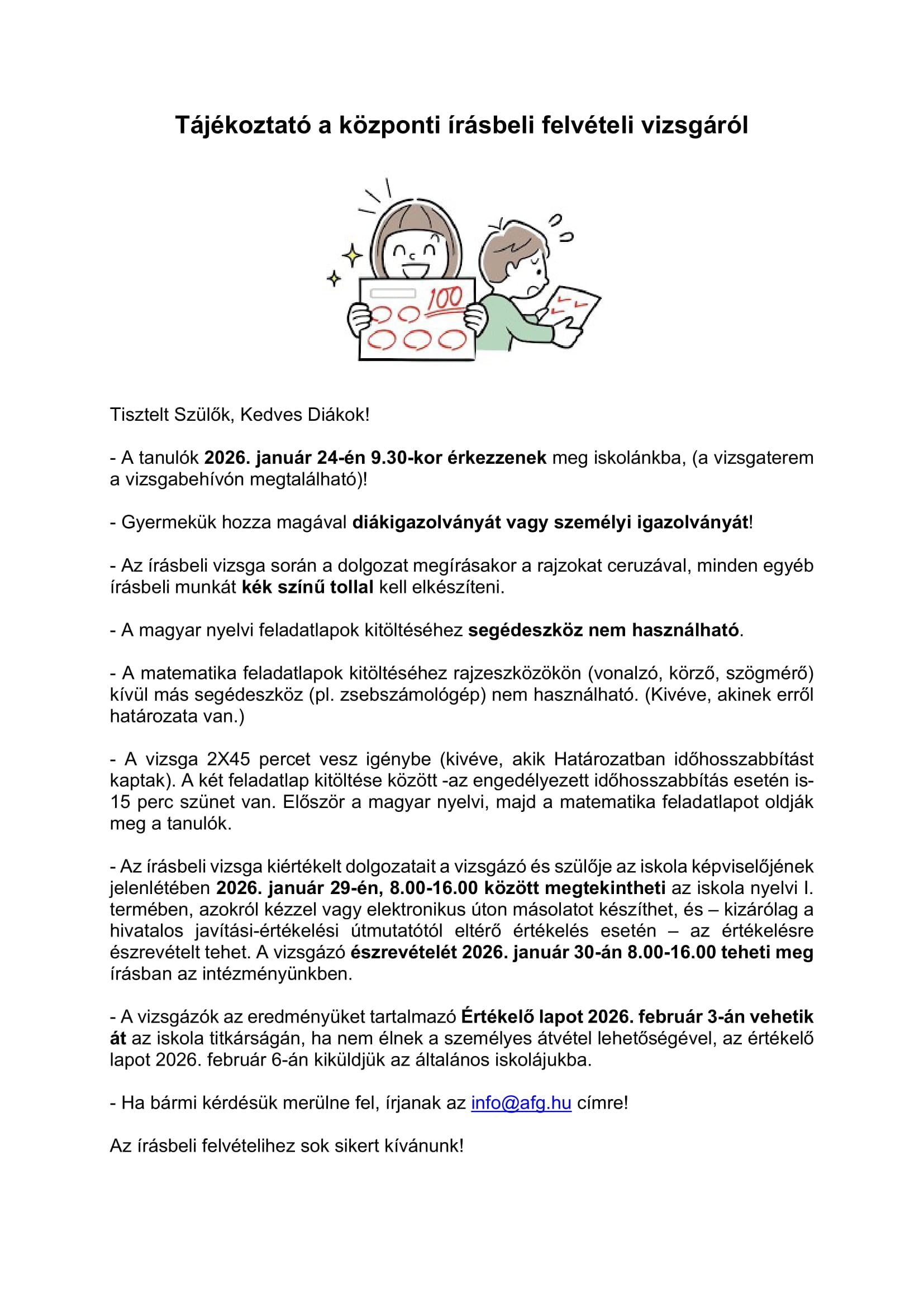 Tájékoztató a központi írásbeli felvételi vizsgáról